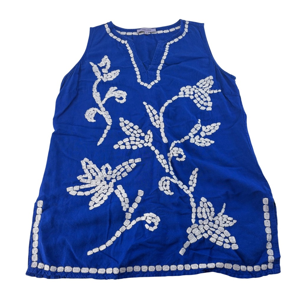 Premise Royal Blue Linen Blend Embroidered Floral Sleeveless V-Neck Tunic Top M